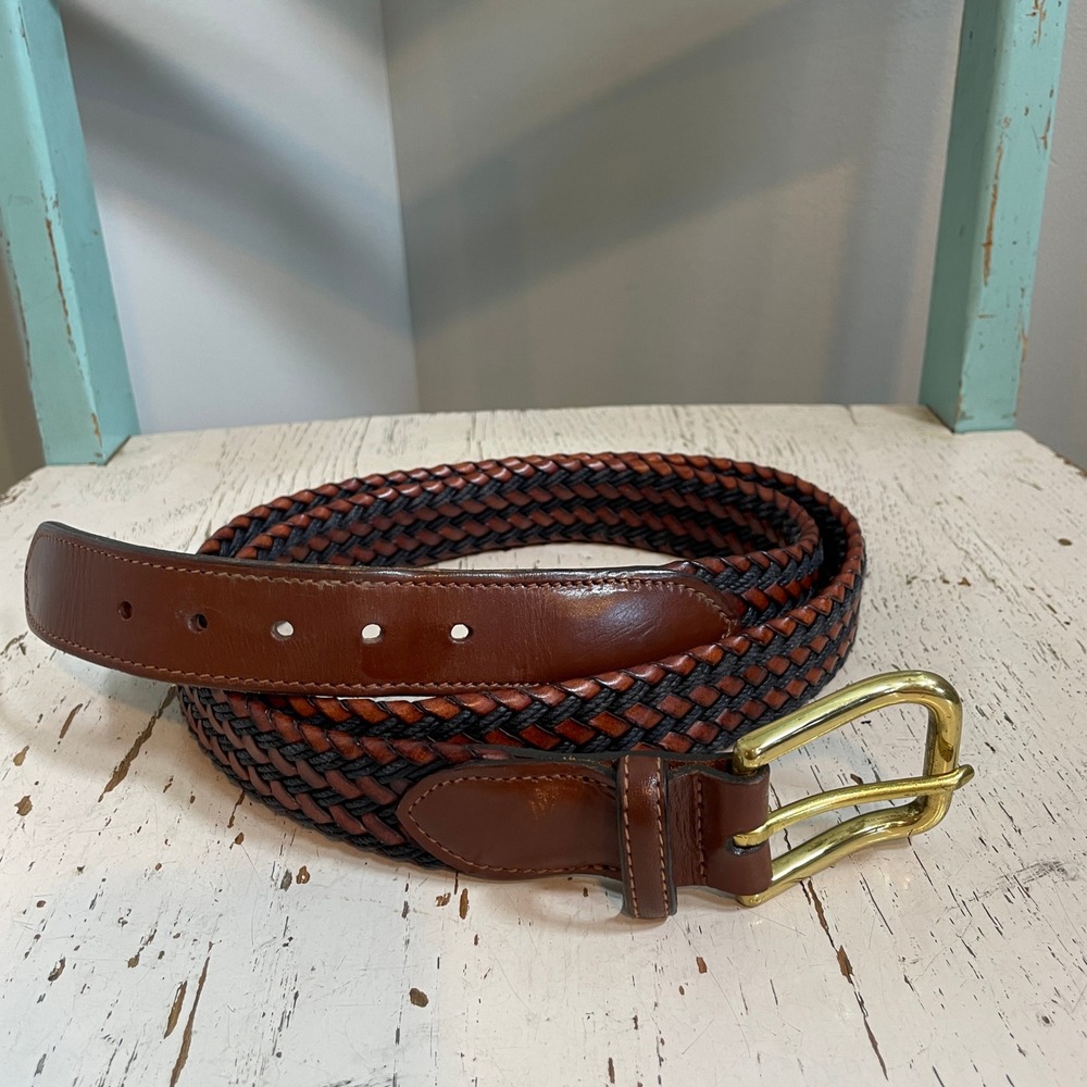 Trafalgar Mens Woven Leather and Cord Belt Brown Black Size 44 Brass Buckle Golf